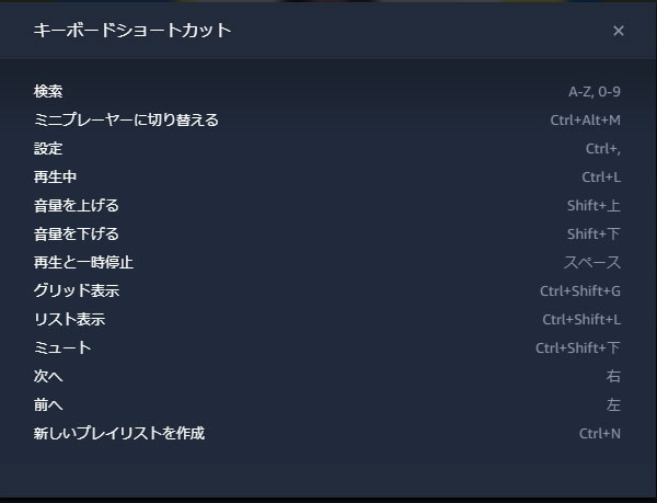 AmazonミュージックPC ショートカットキー 