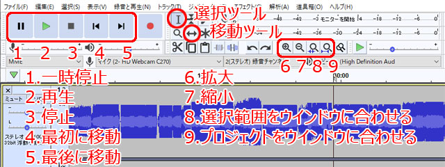 Audacity 多用するボタン一覧