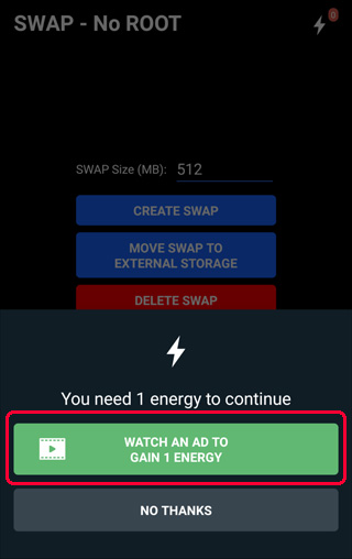 SWAP - No ROOT WATCH AN AD TO GAIN 1 ENERGY